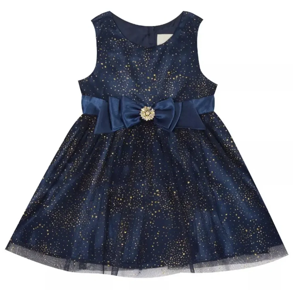RARE EDITIONS Baby Girls Foil Mesh Dress with Satin Bow Navy 12 Months